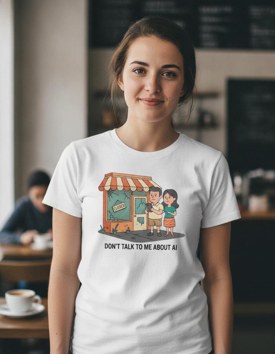 Don't Talk to Me About AI T-shirt | Cartoon Couple by Closed Shop