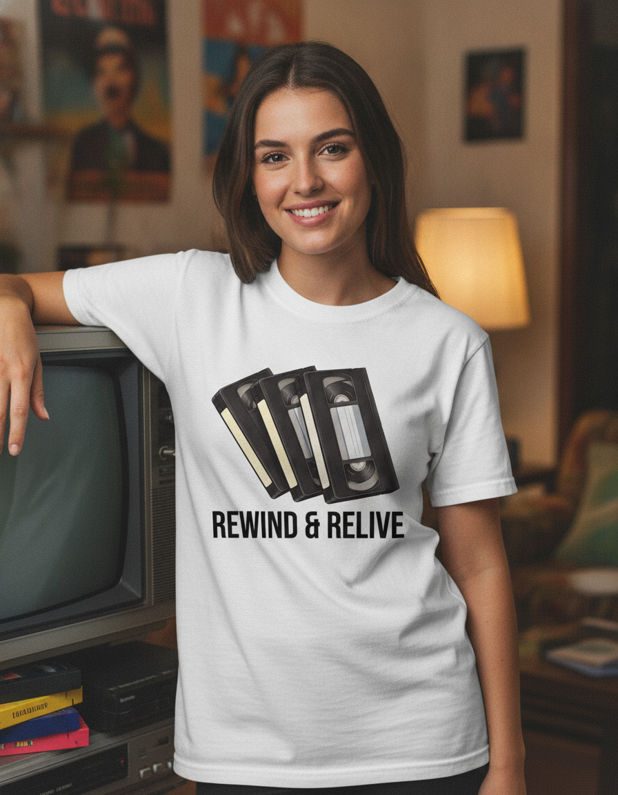 Rewind & Relive VHS Tape T-shirt | Retro Cassette Video Nostalgia