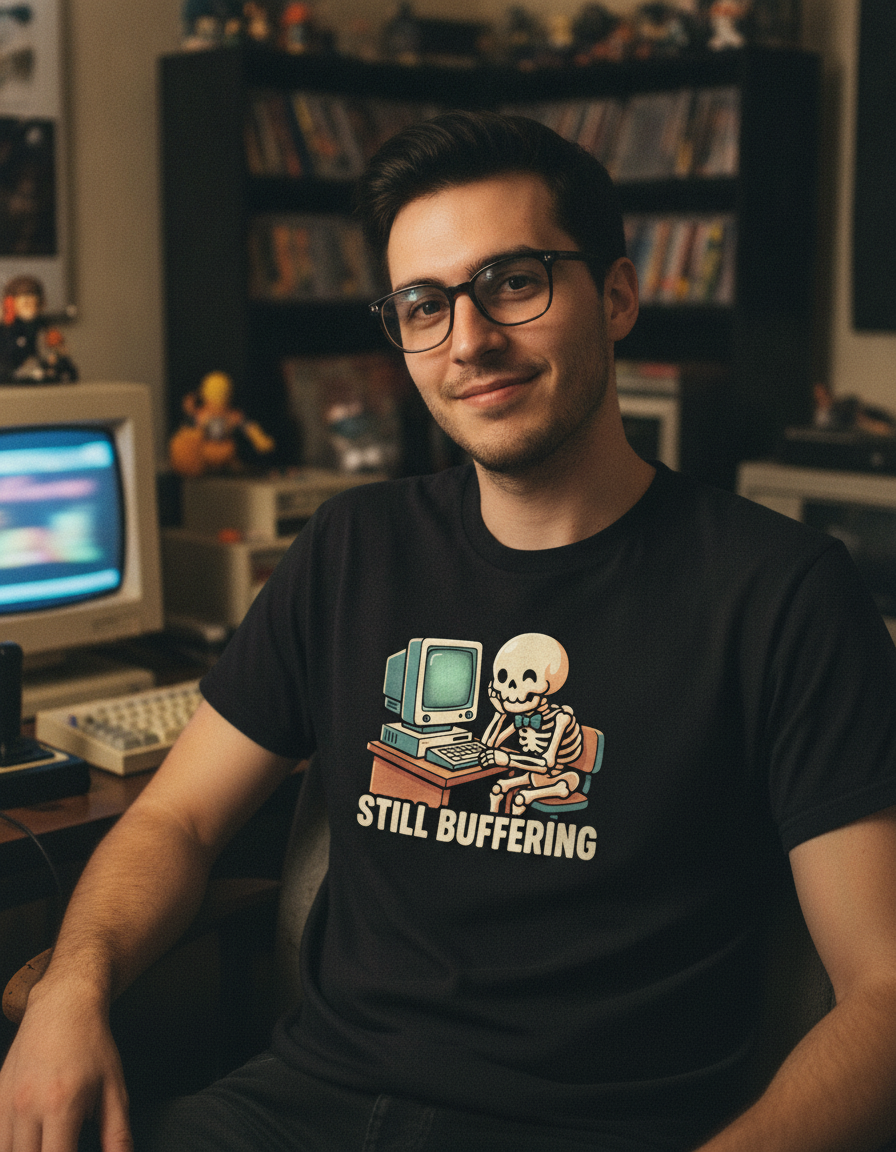 Still Buffering skeleton at vintage computer T-shirt | Retro tech humor
