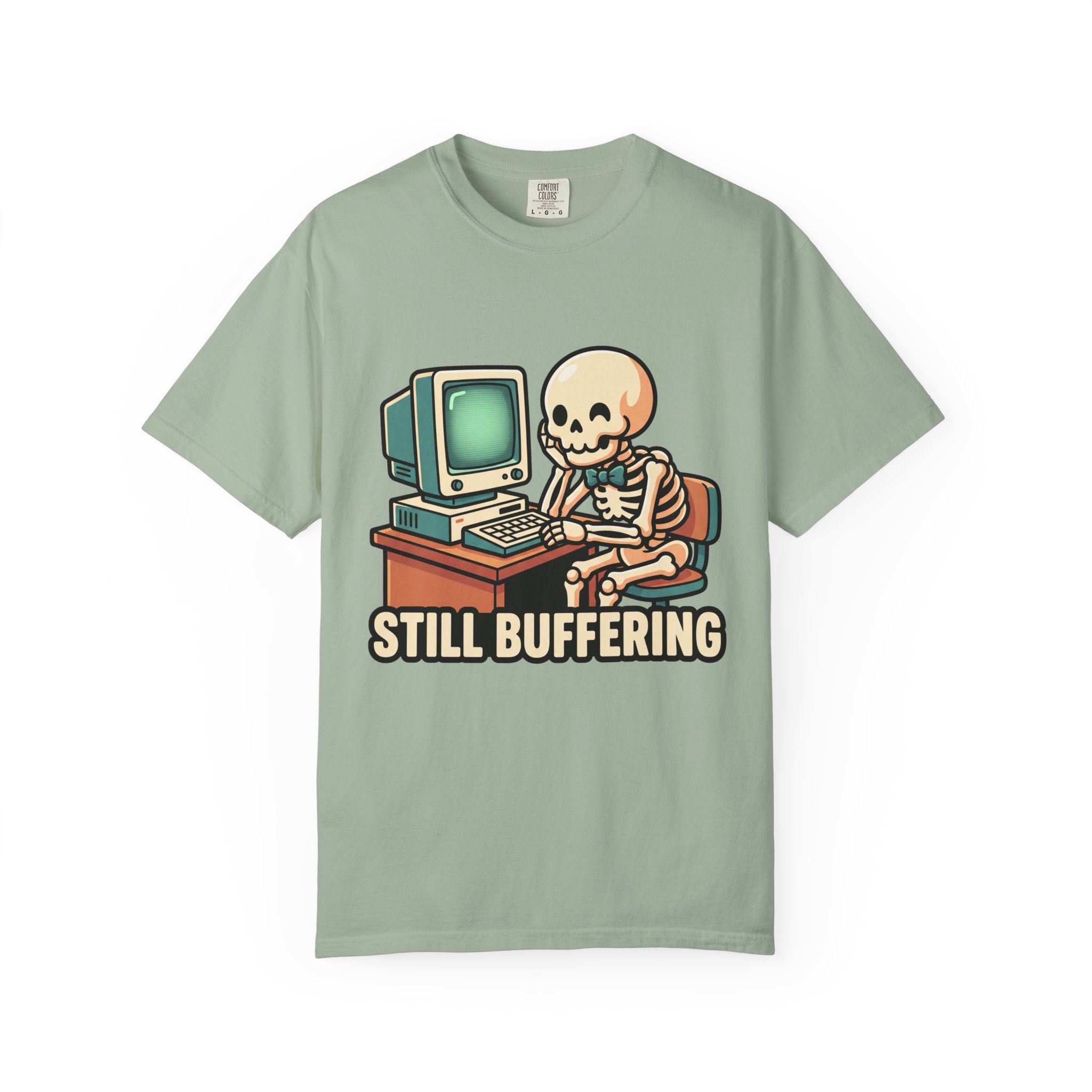 Still Buffering skeleton at vintage computer T-shirt | Retro tech humor