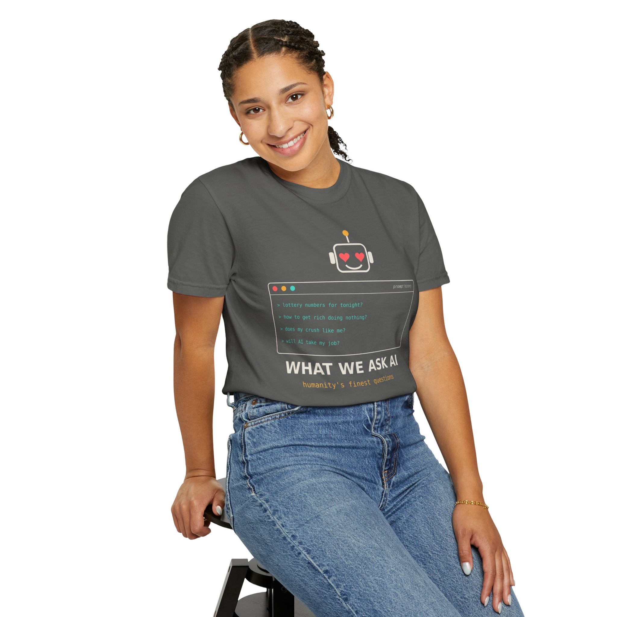 What We Ask AI Funny Meme T-Shirt, Lottery Numbers Crush Questions Tee, AI Humor Shirt, Programmer Nerd Gift, Tech Lover Gift for Coders