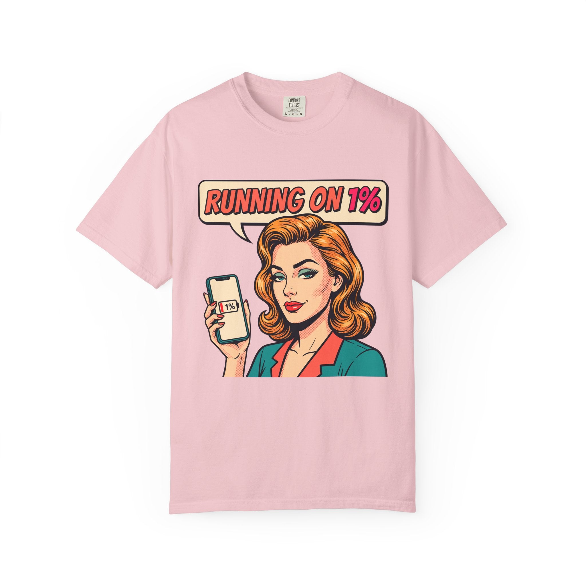 Running On 1% Retro Pop Art Woman T-Shirt | Low Battery Phone Graphic