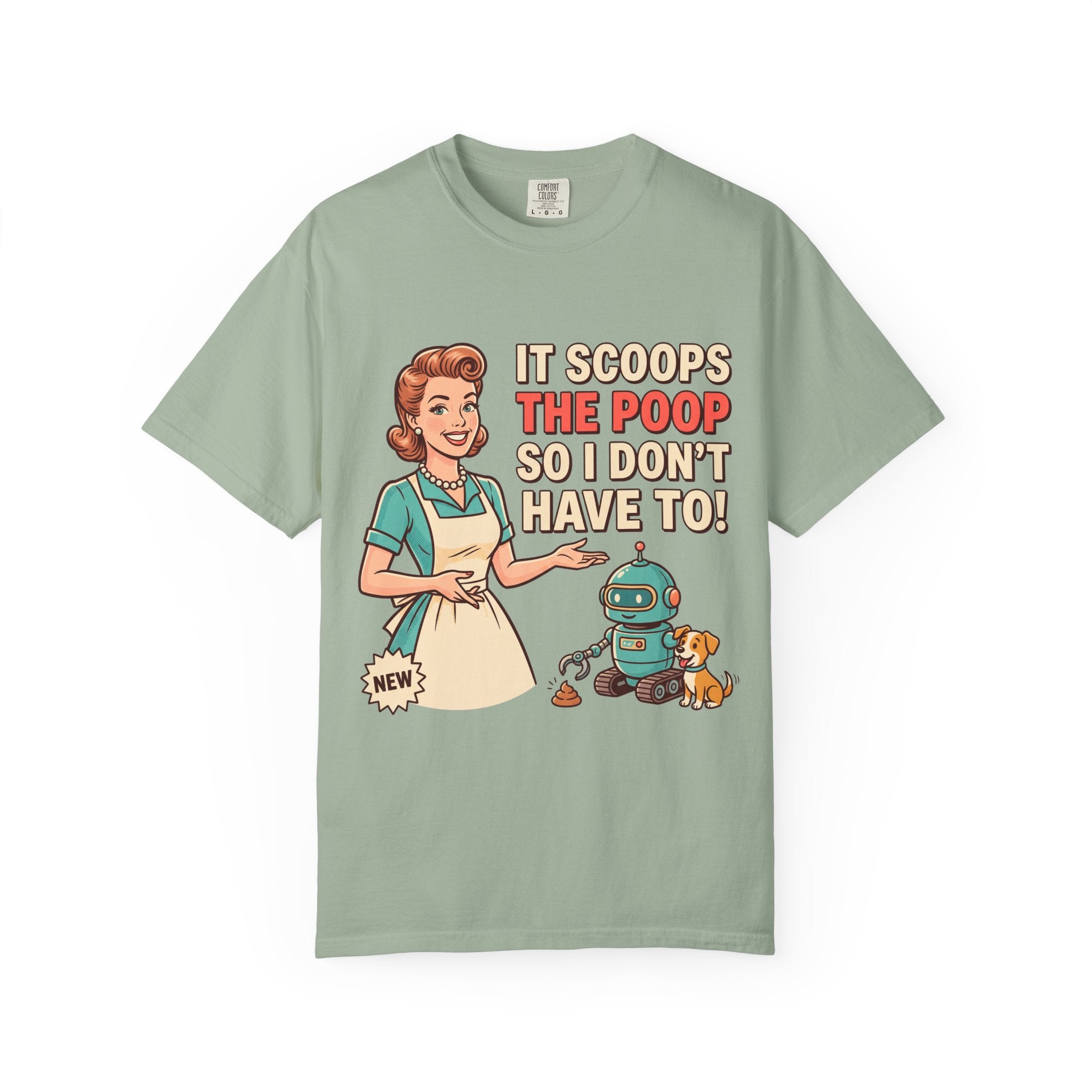 Robot Dog Poop Scooper T-Shirt | Retro Housewife Illustration