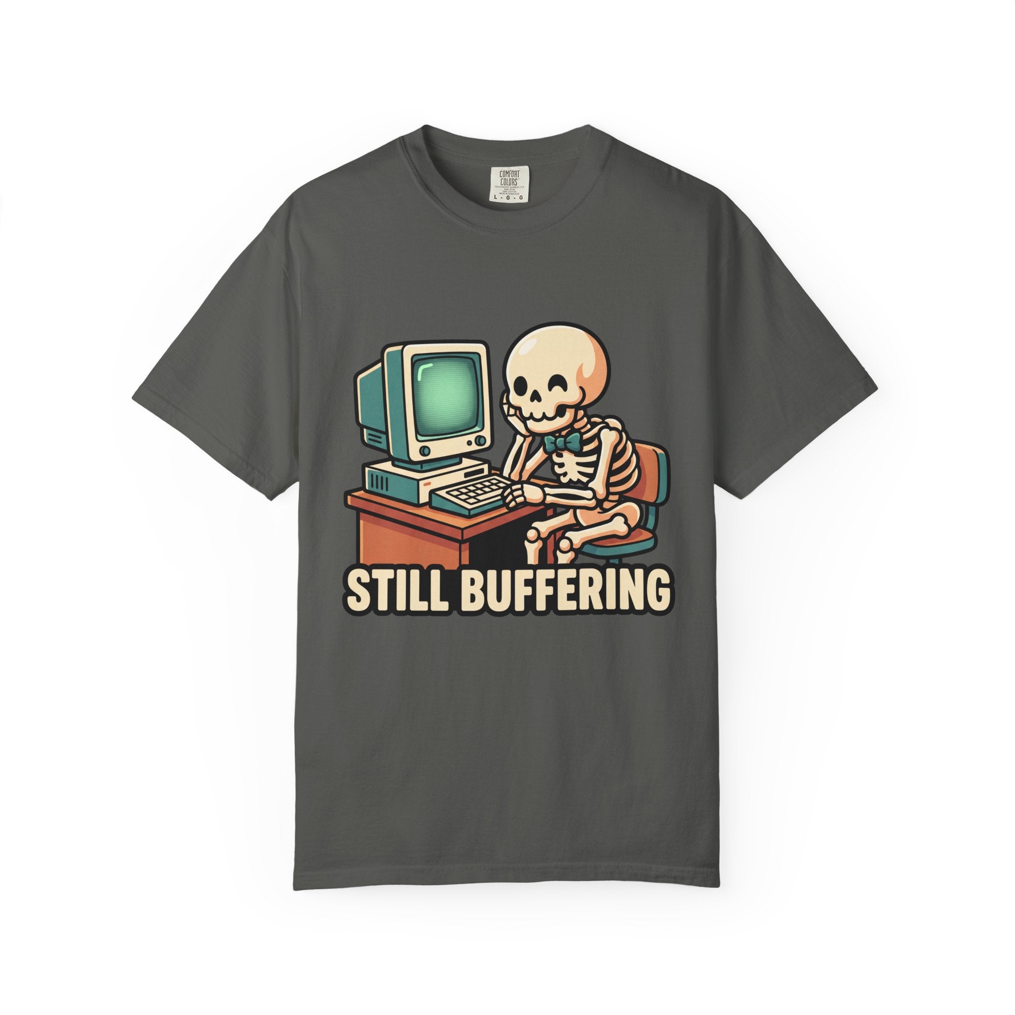 Still Buffering skeleton at vintage computer T-shirt | Retro tech humor