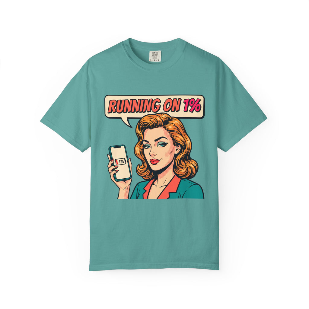 Running On 1% Retro Pop Art Woman T-Shirt | Low Battery Phone Graphic