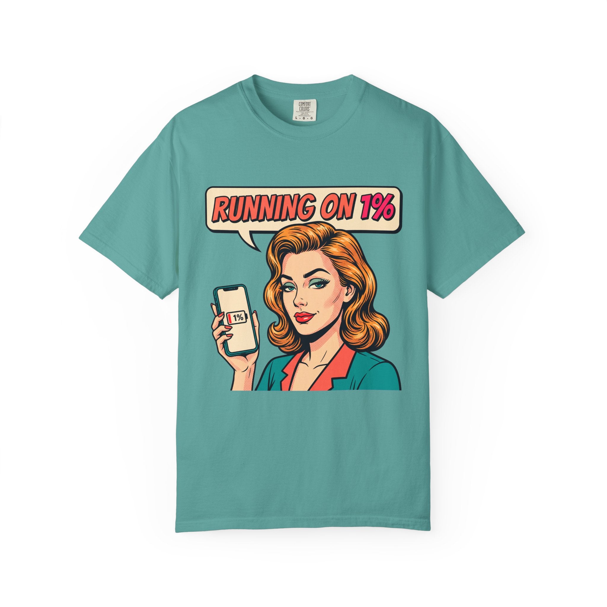 Running On 1% Retro Pop Art Woman T-Shirt | Low Battery Phone Graphic