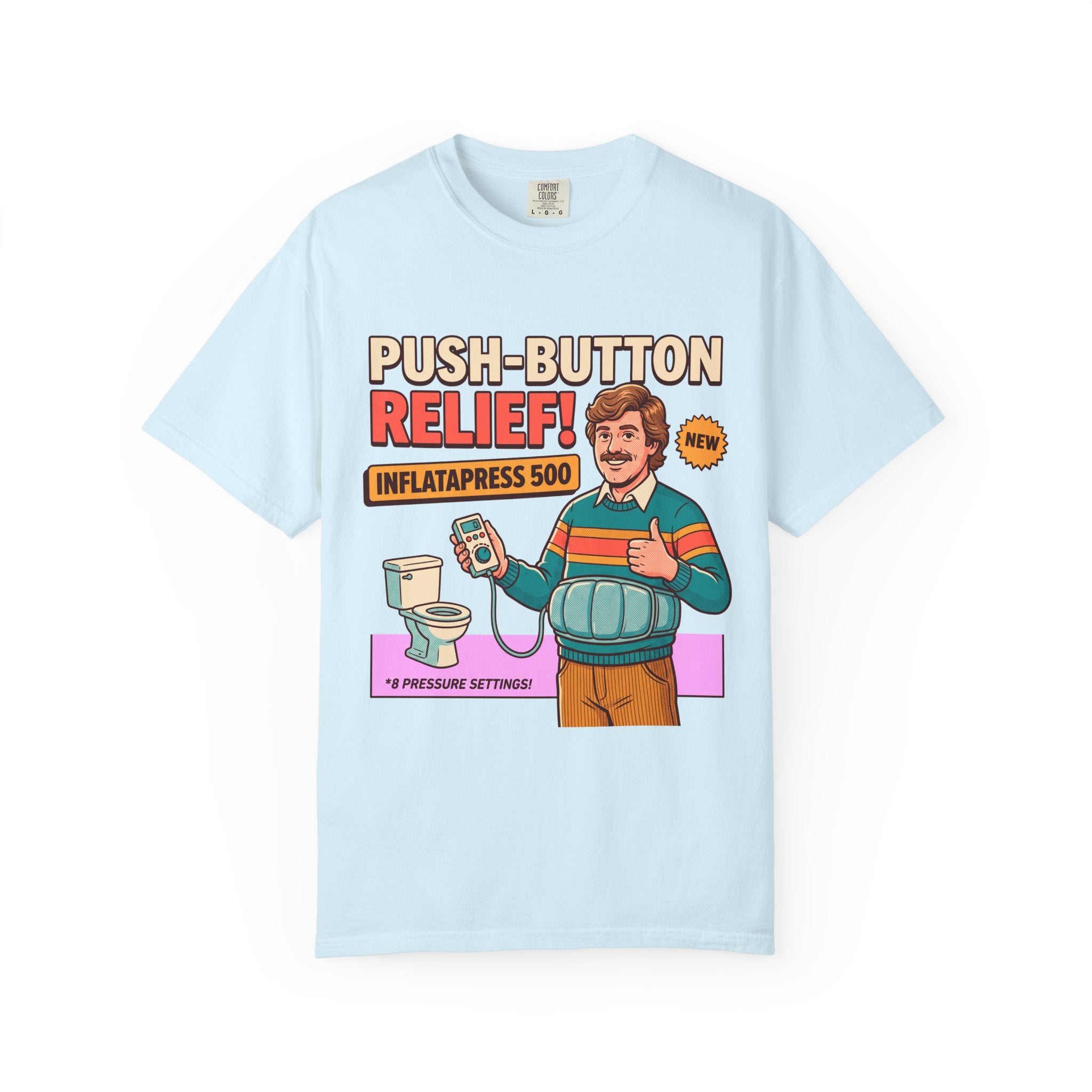 Funny Bathroom T-Shirt, InflataPress 500 Retro Ad Parody Tee, Stupid Invention Humor, Gag Gift for Dad, Weird Meme Shirt