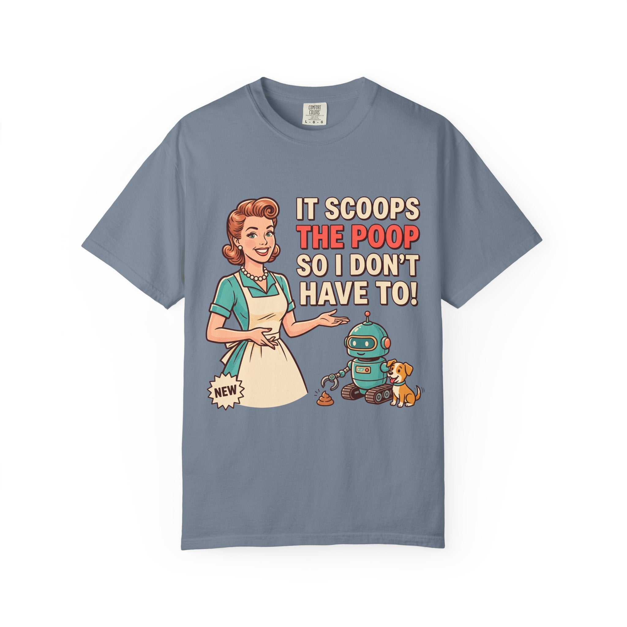 Robot Dog Poop Scooper T-Shirt | Retro Housewife Illustration