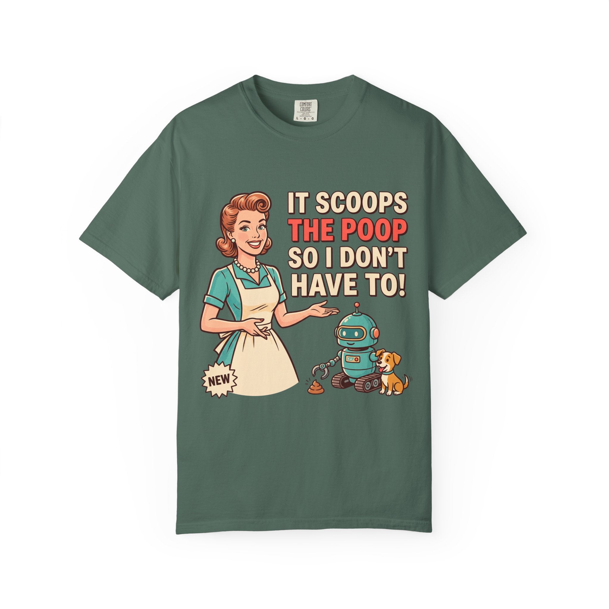 Robot Dog Poop Scooper T-Shirt | Retro Housewife Illustration