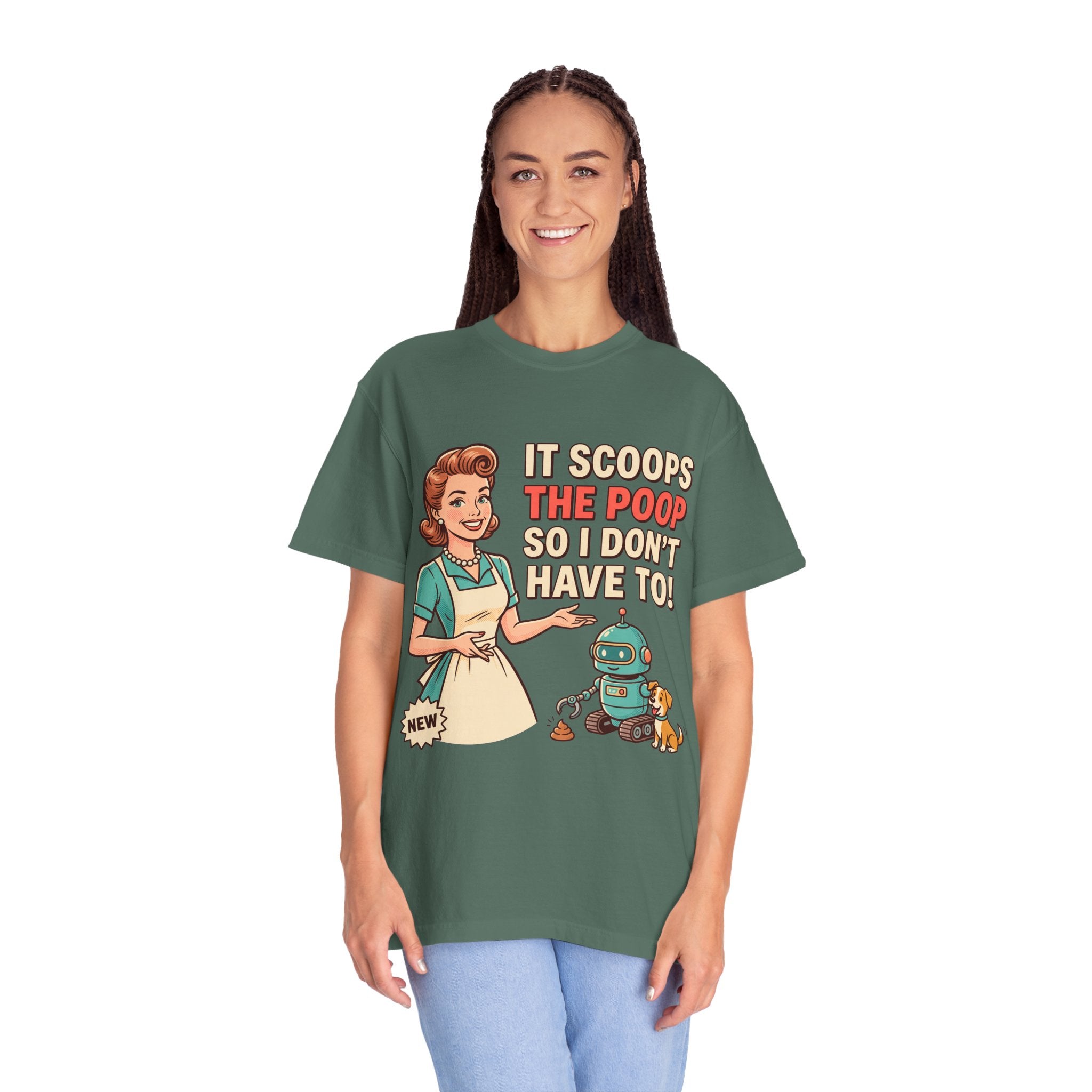 Robot Dog Poop Scooper T-Shirt | Retro Housewife Illustration