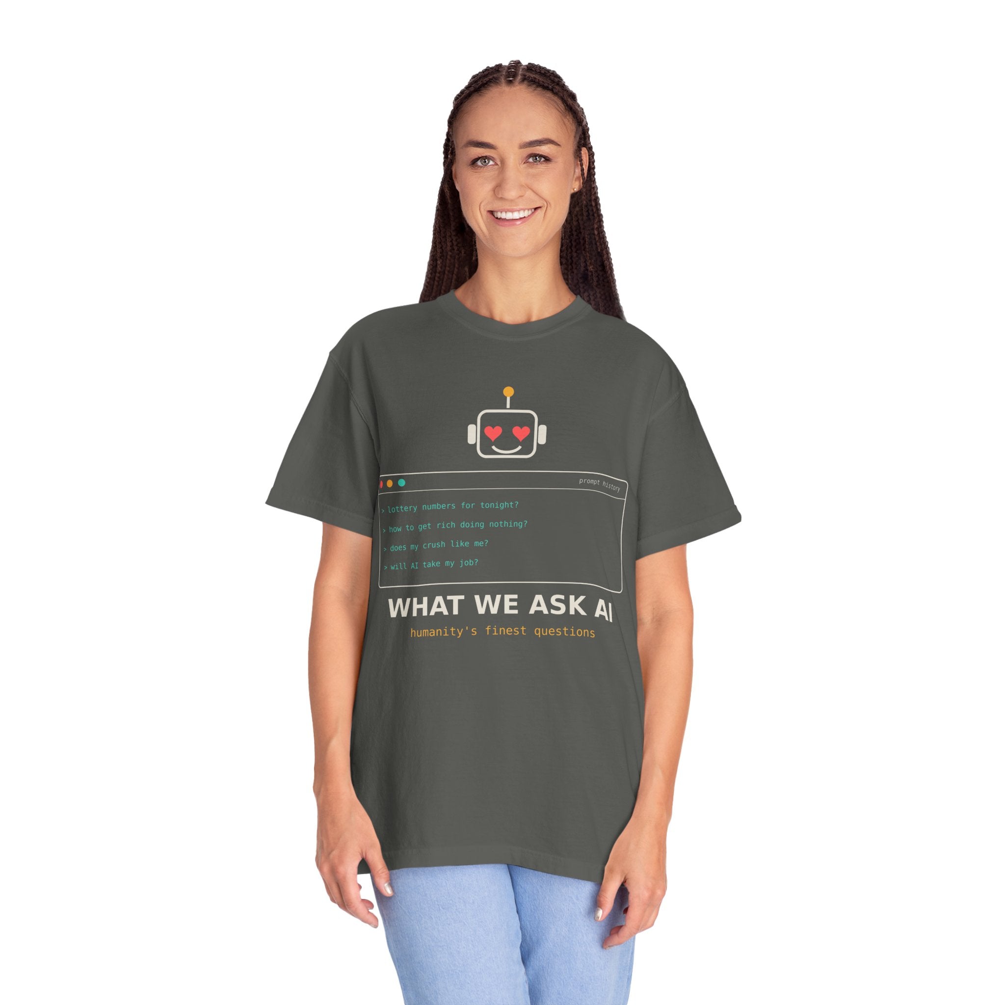 What We Ask AI Funny Meme T-Shirt, Lottery Numbers Crush Questions Tee, AI Humor Shirt, Programmer Nerd Gift, Tech Lover Gift for Coders