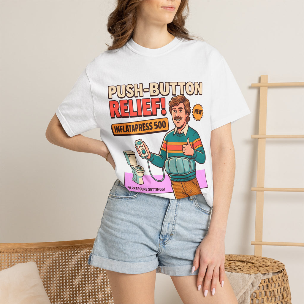 Funny Bathroom T-Shirt, InflataPress 500 Retro Ad Parody Tee, Stupid Invention Humor, Gag Gift for Dad, Weird Meme Shirt