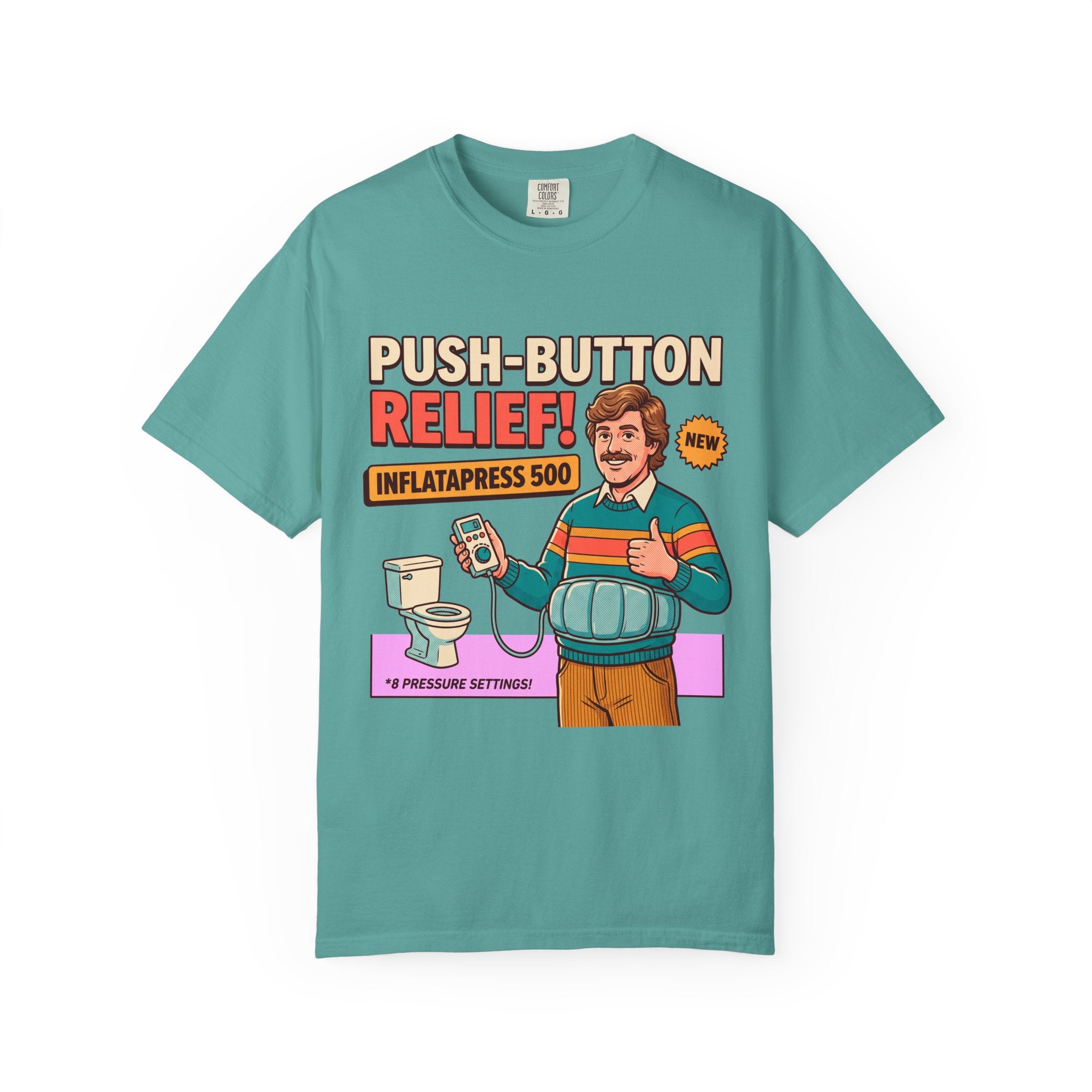 Funny Bathroom T-Shirt, InflataPress 500 Retro Ad Parody Tee, Stupid Invention Humor, Gag Gift for Dad, Weird Meme Shirt