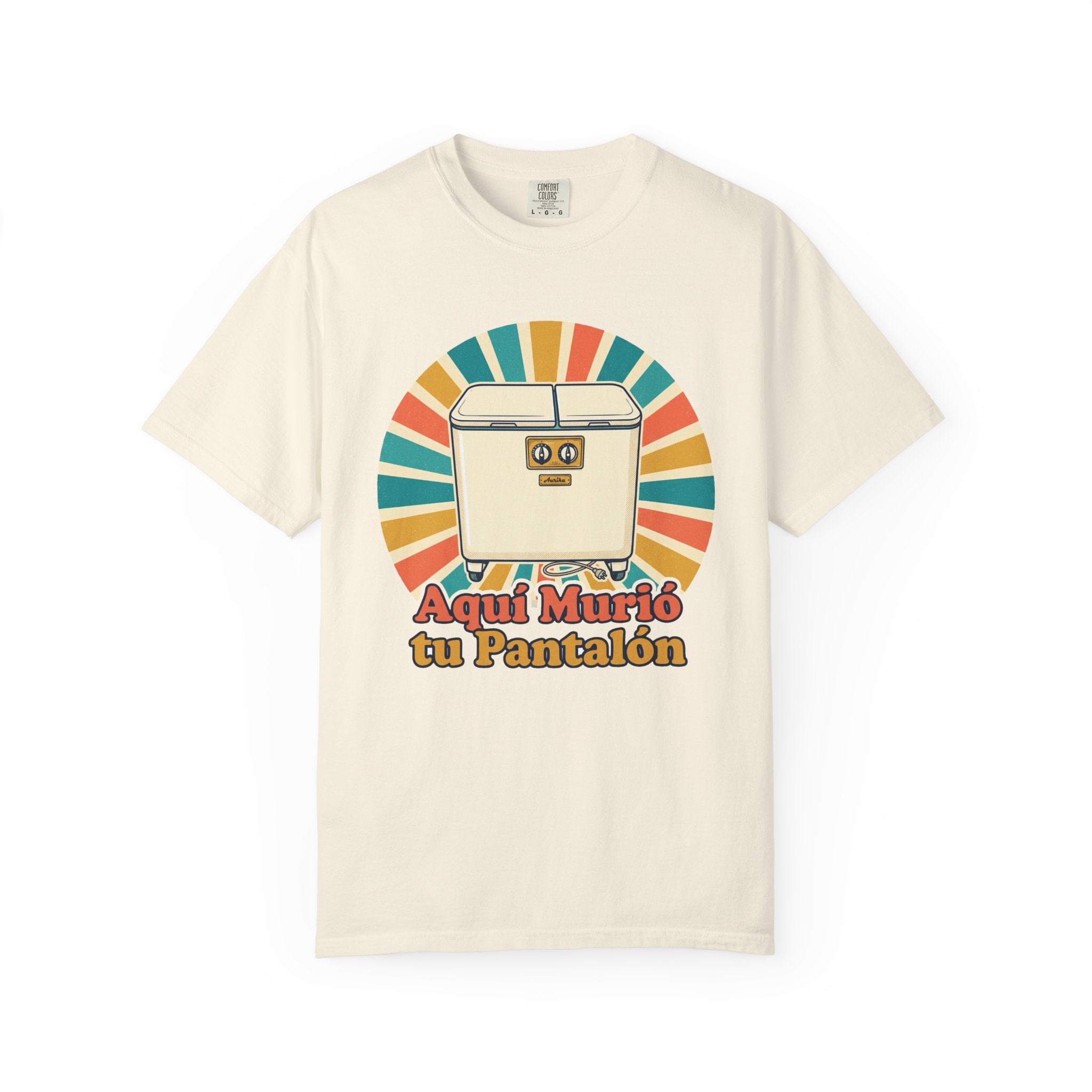 Retro Cuban Washing Machine T-Shirt — "Aquí Murió tu Pantalón" Vintage Tech Graphic Tee