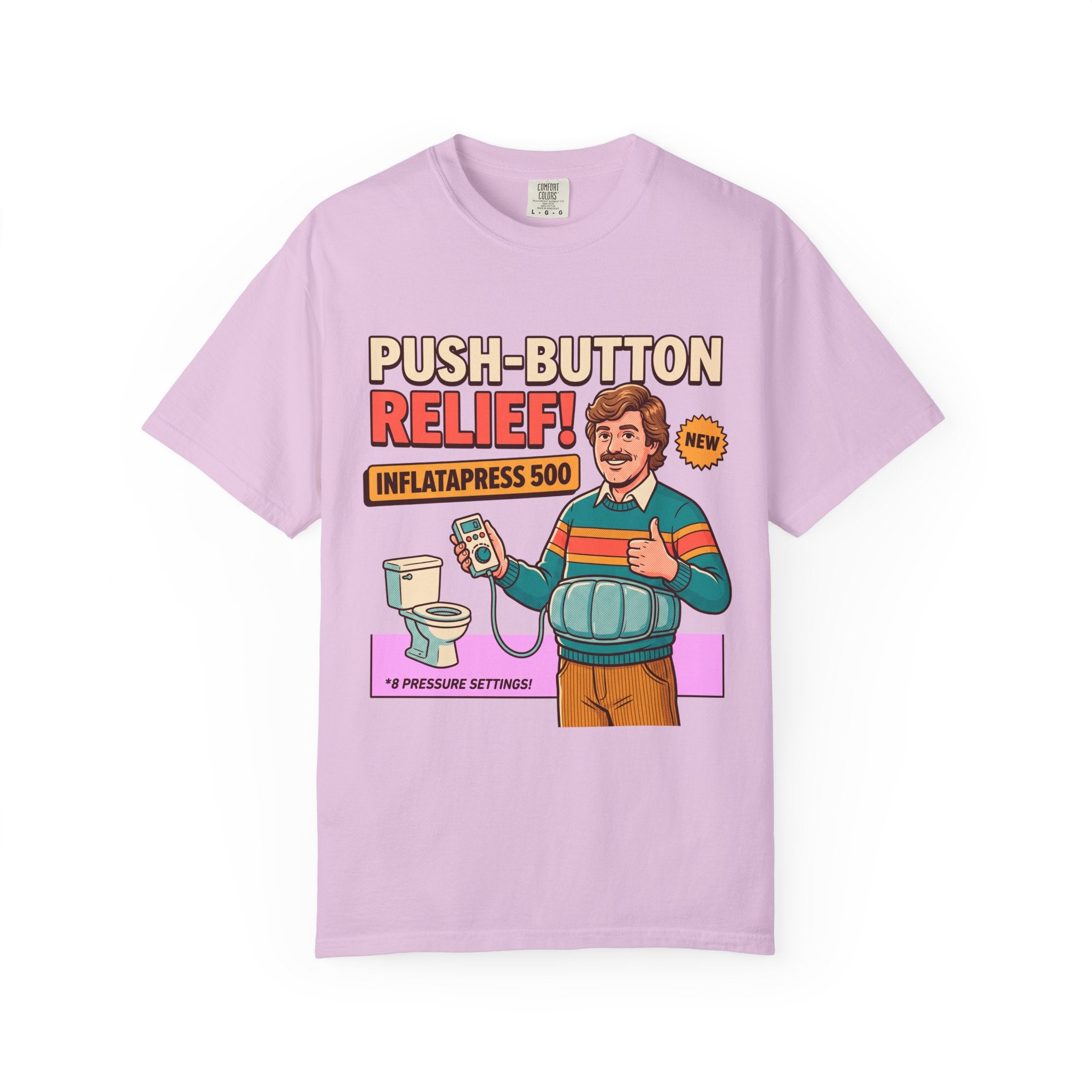 Funny Bathroom T-Shirt, InflataPress 500 Retro Ad Parody Tee, Stupid Invention Humor, Gag Gift for Dad, Weird Meme Shirt
