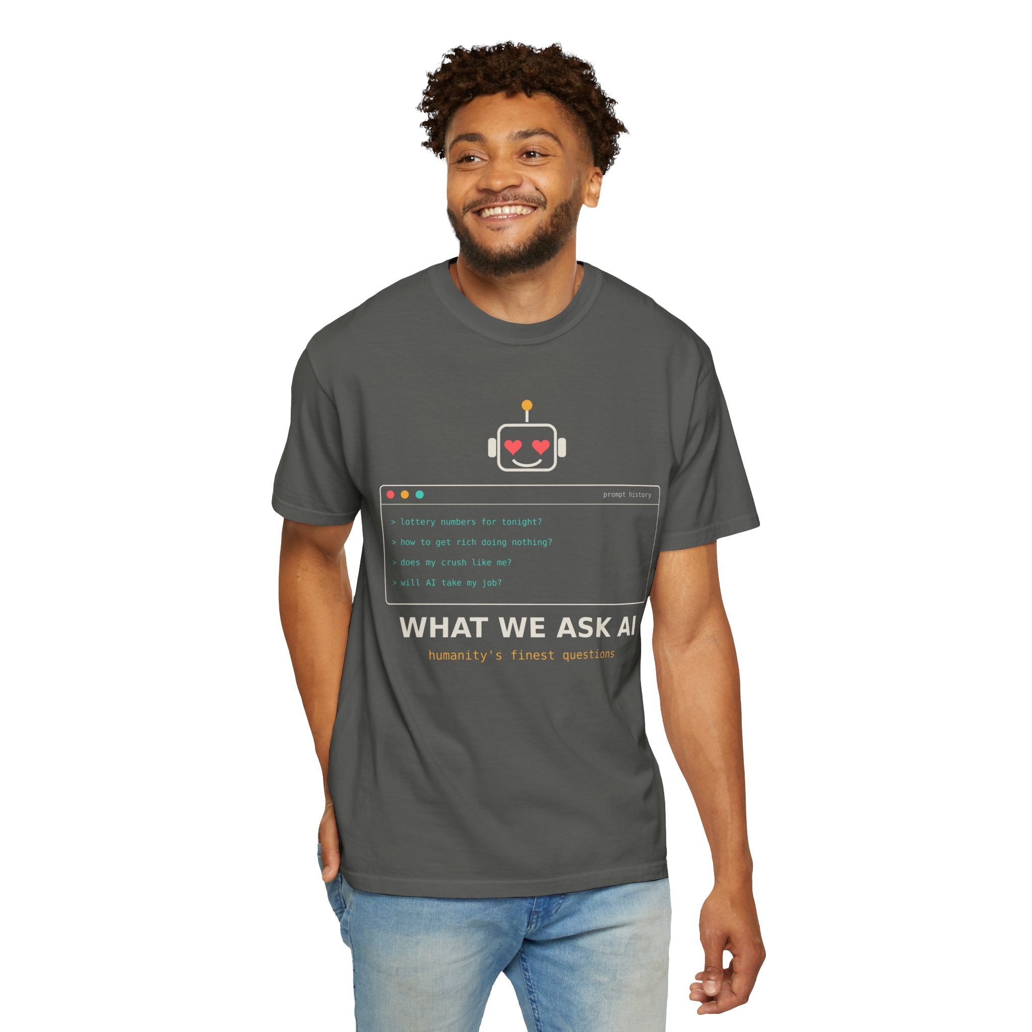 What We Ask AI Funny Meme T-Shirt, Lottery Numbers Crush Questions Tee, AI Humor Shirt, Programmer Nerd Gift, Tech Lover Gift for Coders