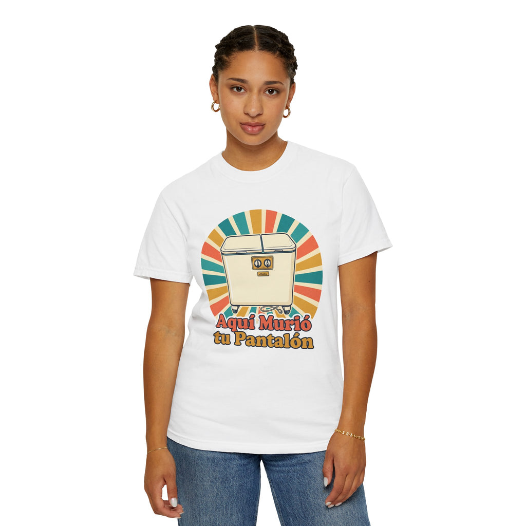 Retro Cuban Washing Machine T-Shirt — "Aquí Murió tu Pantalón" Vintage Tech Graphic Tee