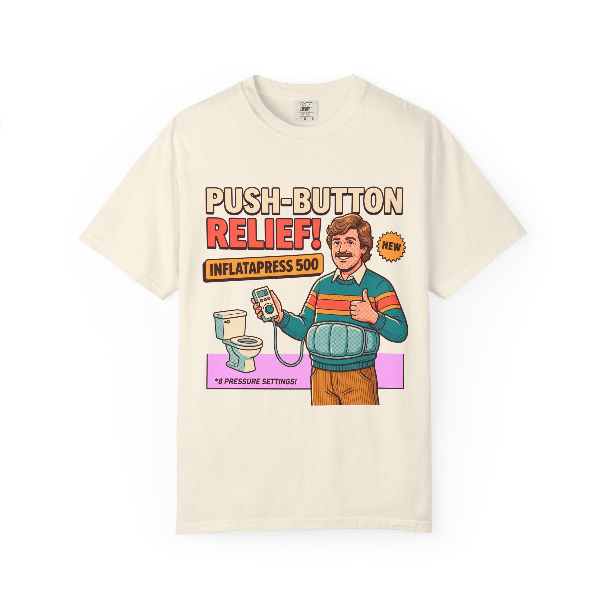 Funny Bathroom T-Shirt, InflataPress 500 Retro Ad Parody Tee, Stupid Invention Humor, Gag Gift for Dad, Weird Meme Shirt