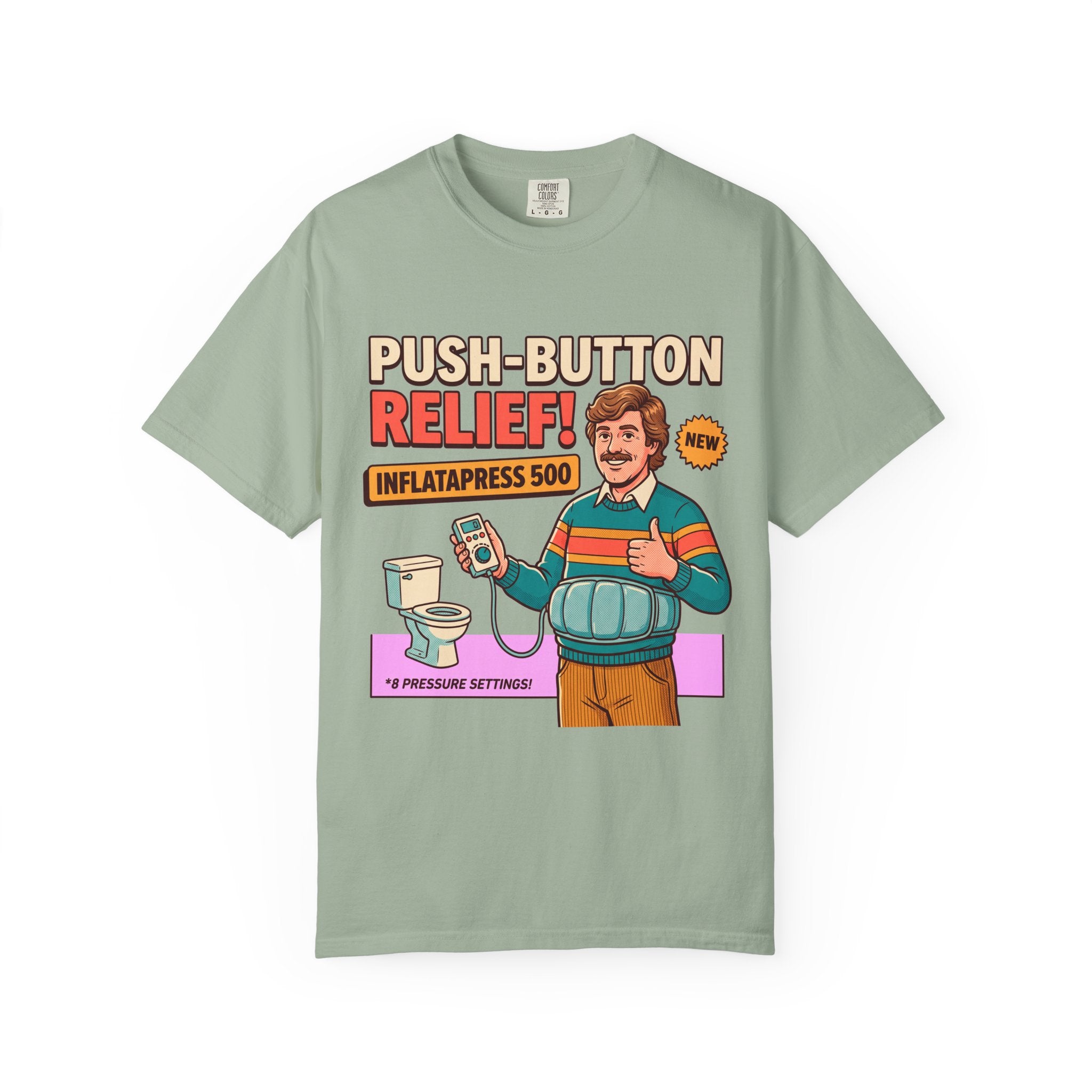Funny Bathroom T-Shirt, InflataPress 500 Retro Ad Parody Tee, Stupid Invention Humor, Gag Gift for Dad, Weird Meme Shirt