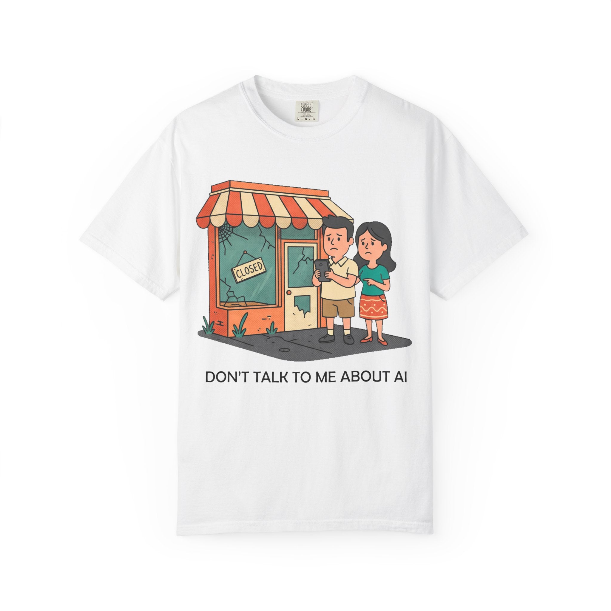 Don't Talk to Me About AI T-shirt | Cartoon Couple by Closed Shop