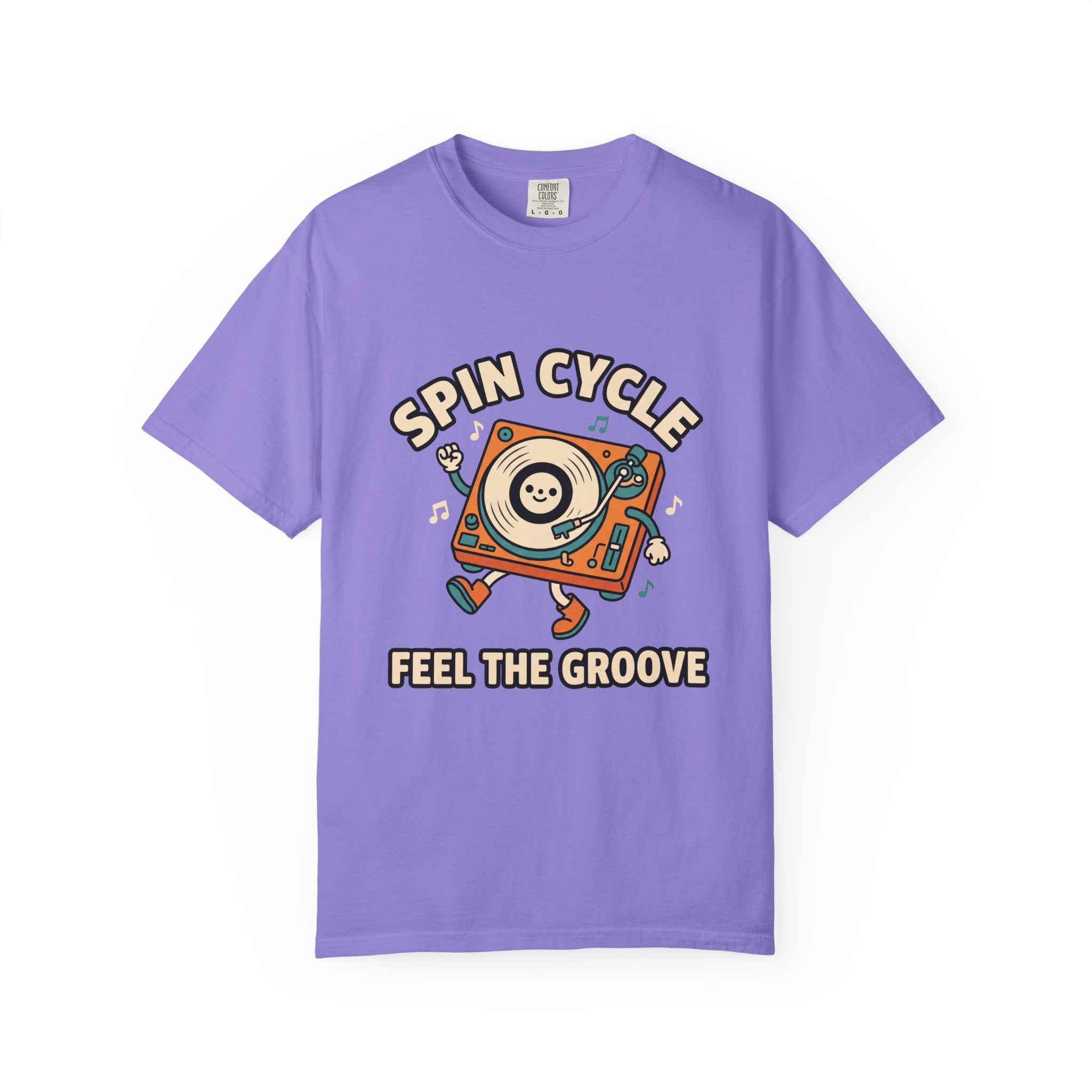 Spin Cycle Turntable T-Shirt, Retro Vinyl Record Graphic Tee, Feel The Groove Cute Mascot Shirt, DJ Music Lover Gift
