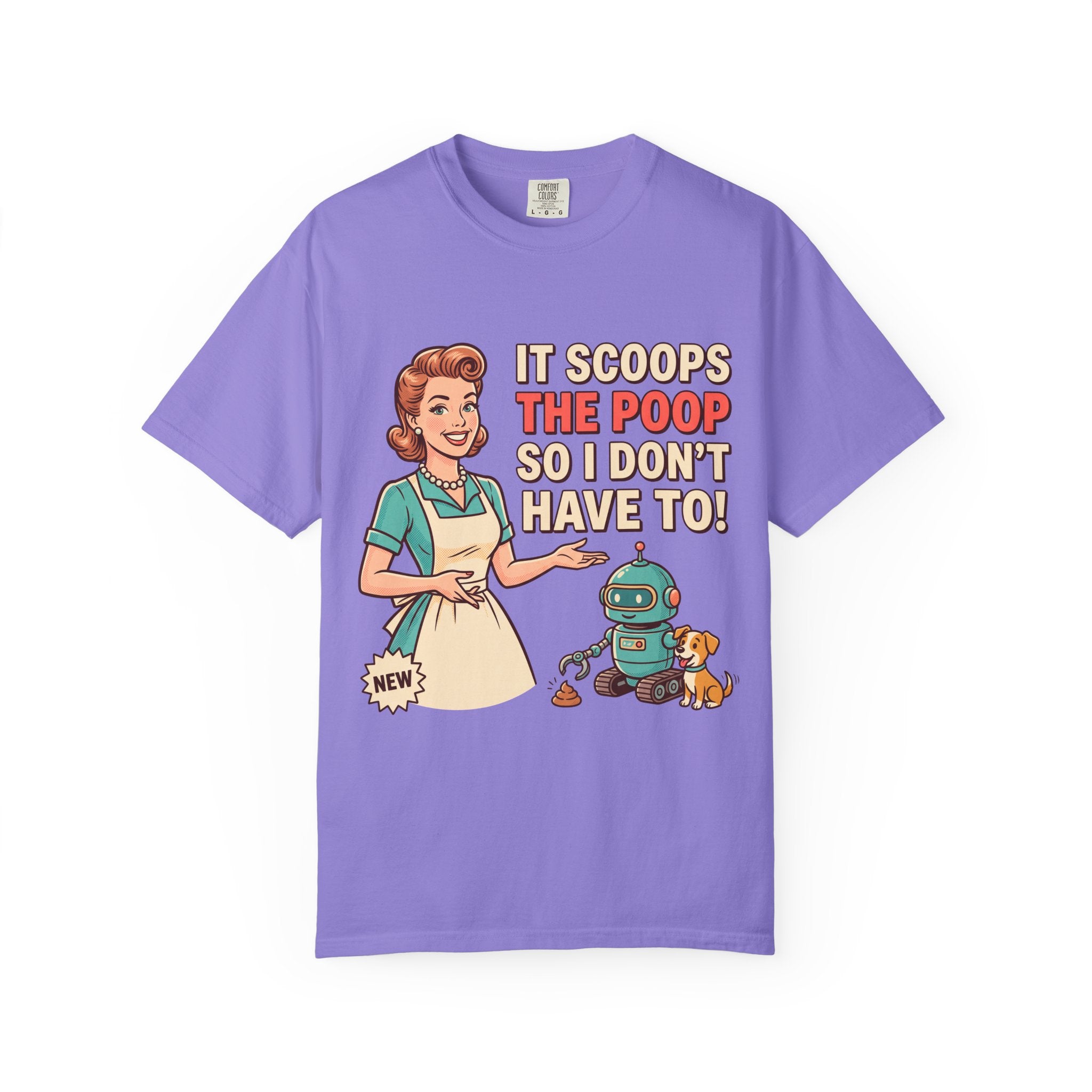 Robot Dog Poop Scooper T-Shirt | Retro Housewife Illustration