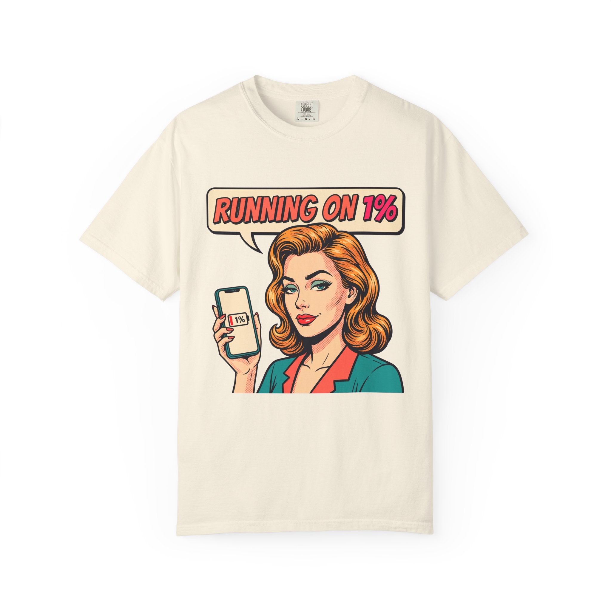 Running On 1% Retro Pop Art Woman T-Shirt | Low Battery Phone Graphic