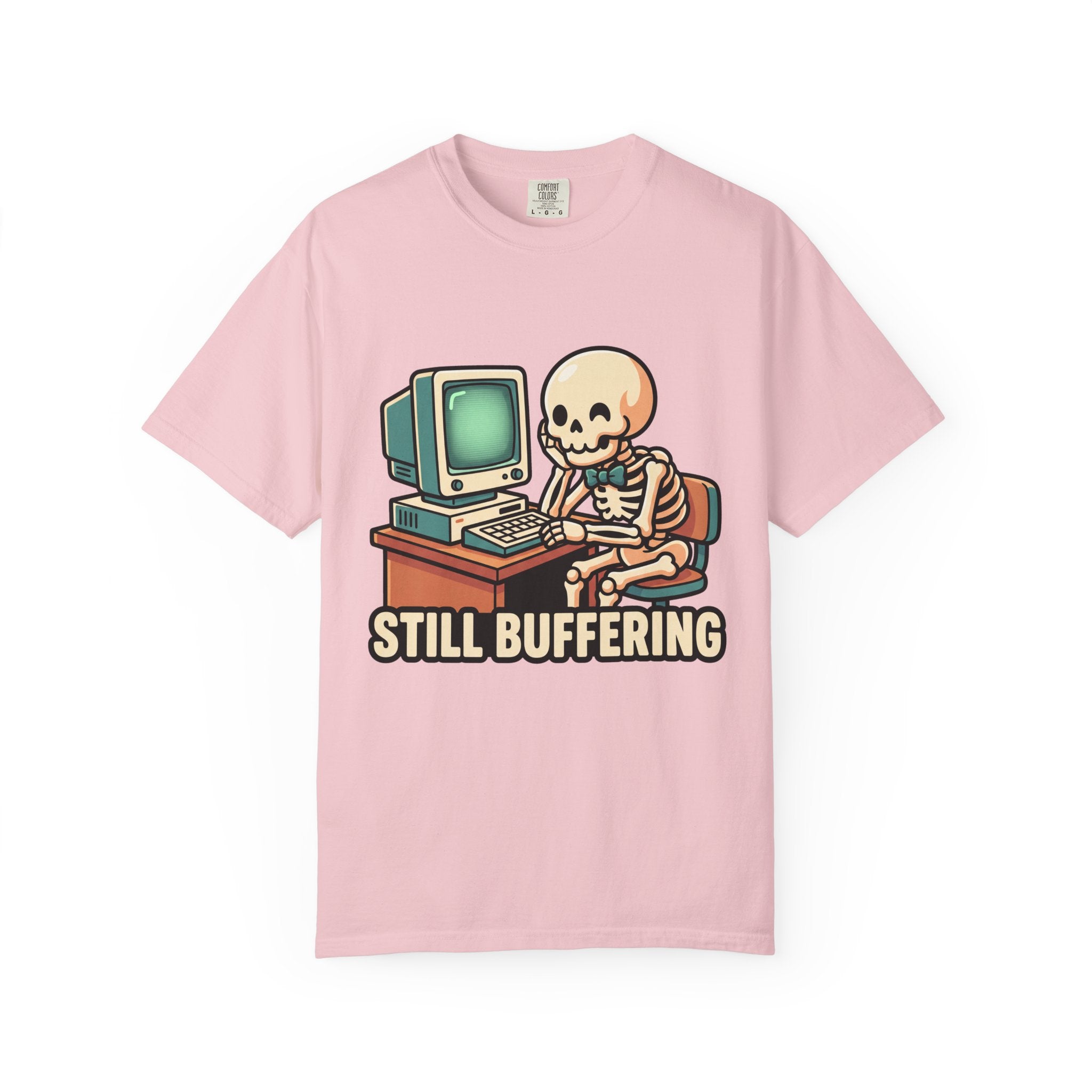 Still Buffering skeleton at vintage computer T-shirt | Retro tech humor