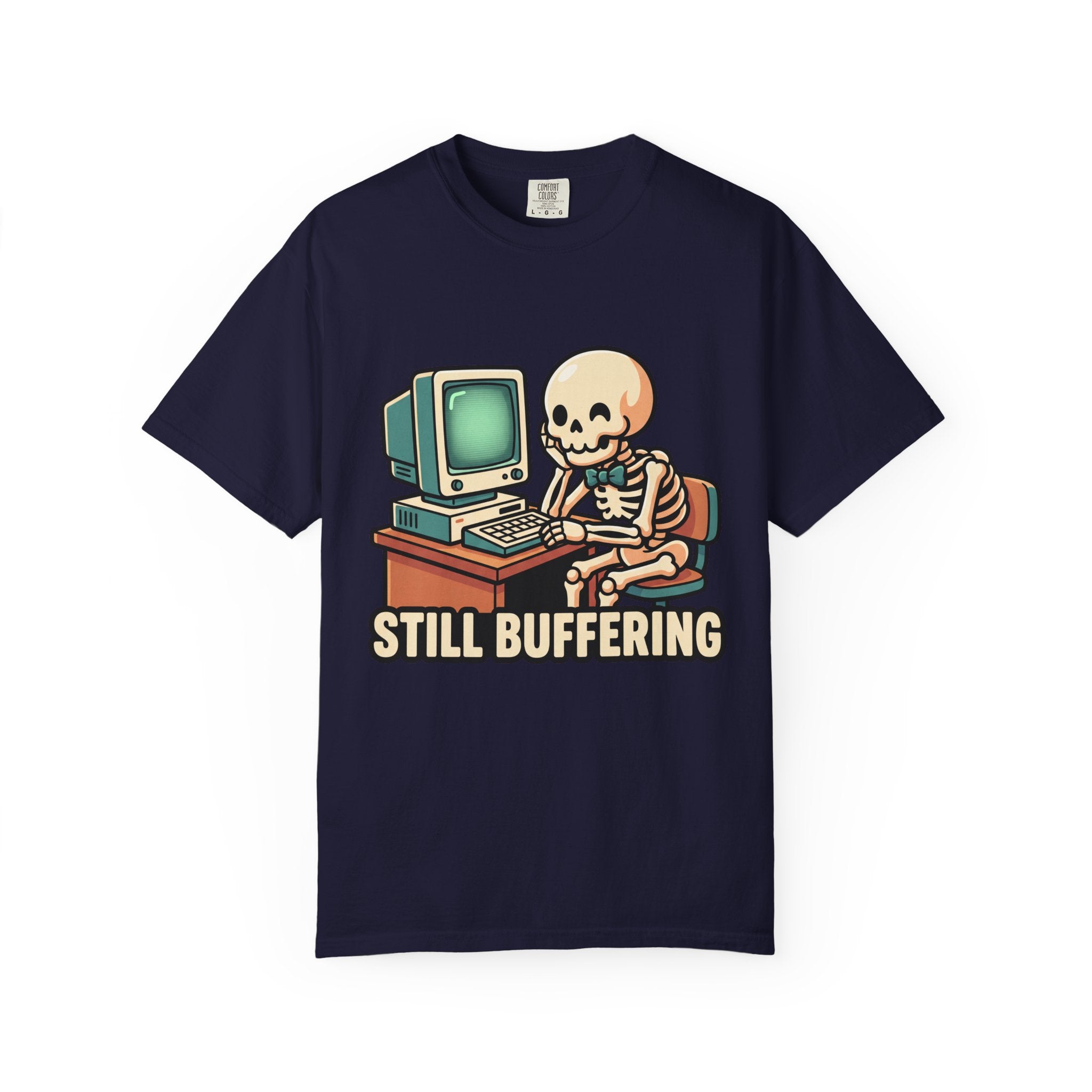 Still Buffering skeleton at vintage computer T-shirt | Retro tech humor