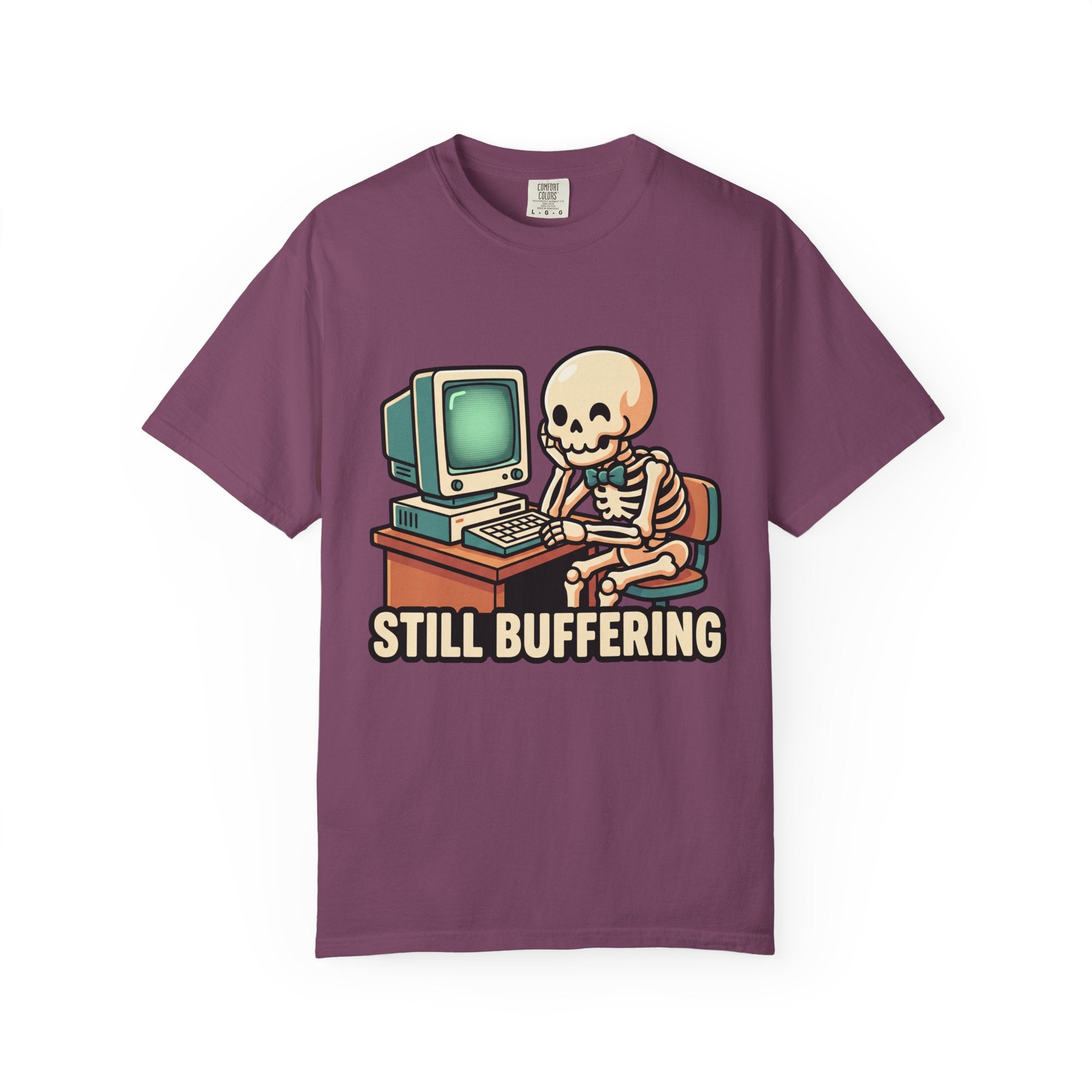 Still Buffering skeleton at vintage computer T-shirt | Retro tech humor