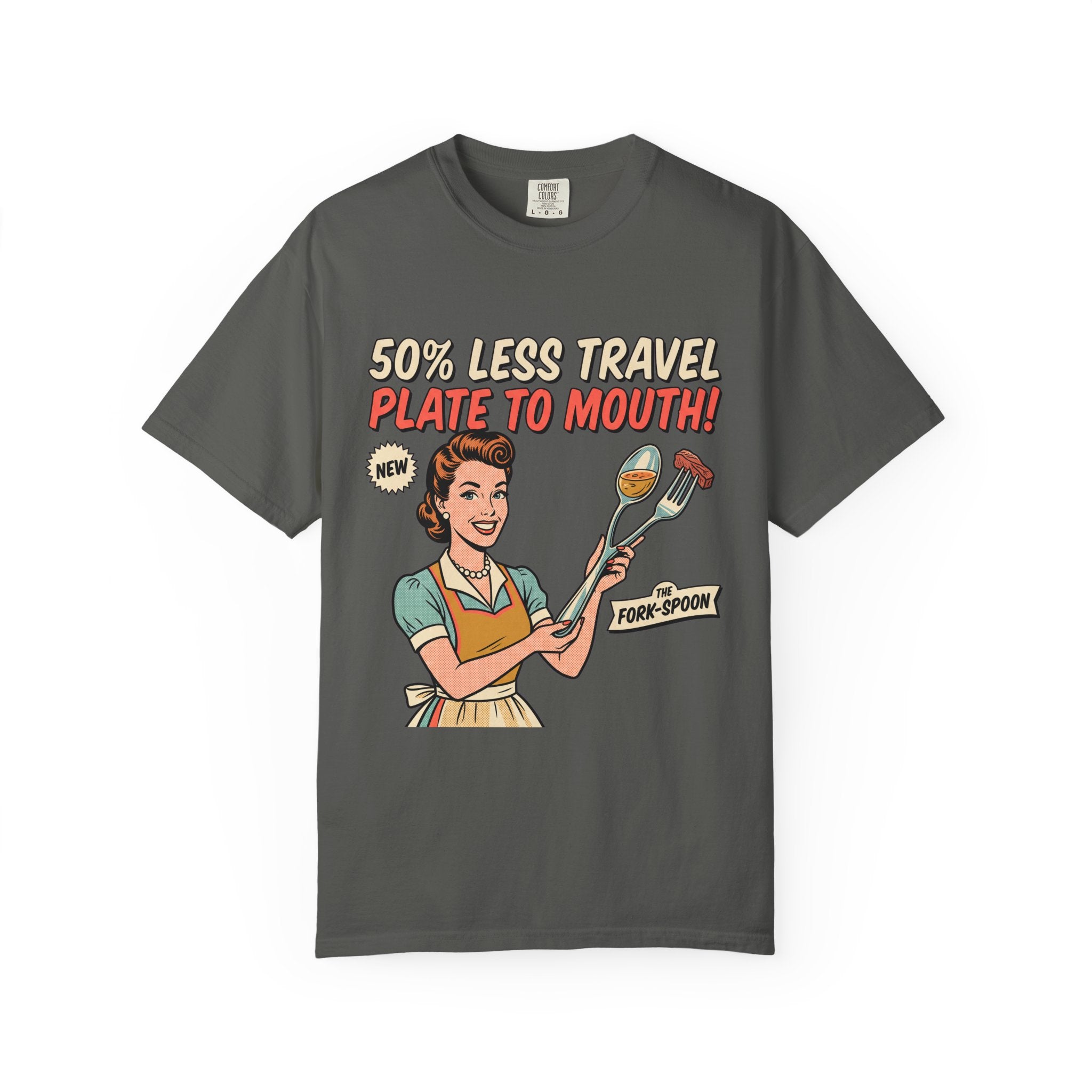 50% Less Travel Plate-to-Mouth Retro Housewife Illustration T-shirt