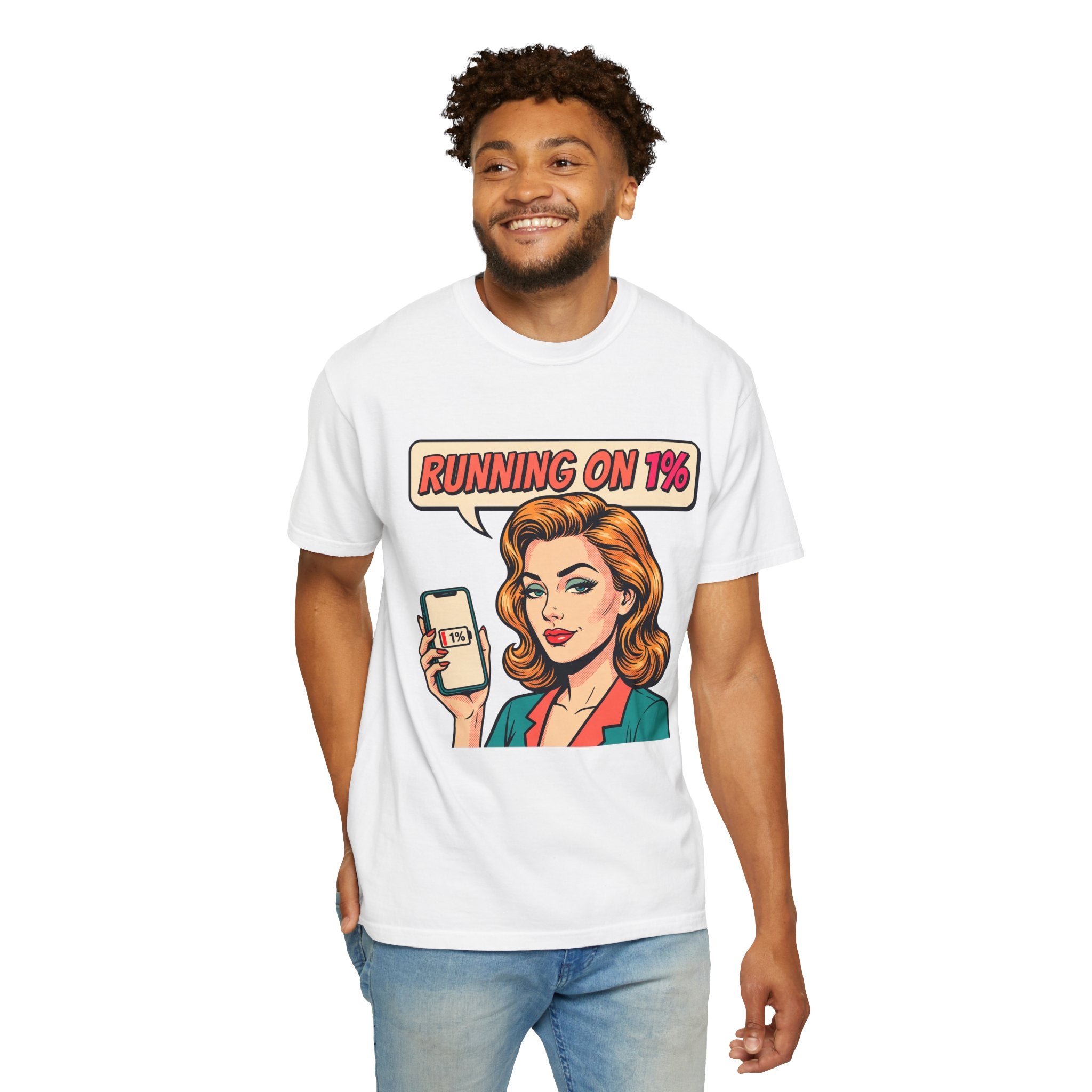 Running On 1% Retro Pop Art Woman T-Shirt | Low Battery Phone Graphic