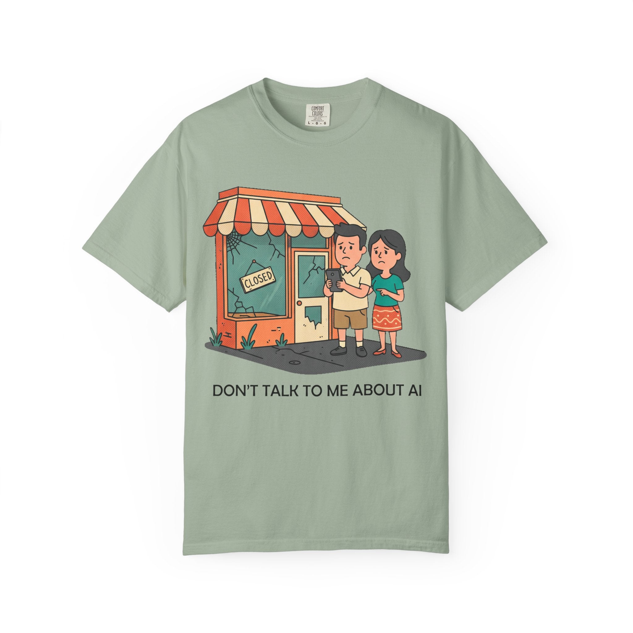 Don't Talk to Me About AI T-shirt | Cartoon Couple by Closed Shop