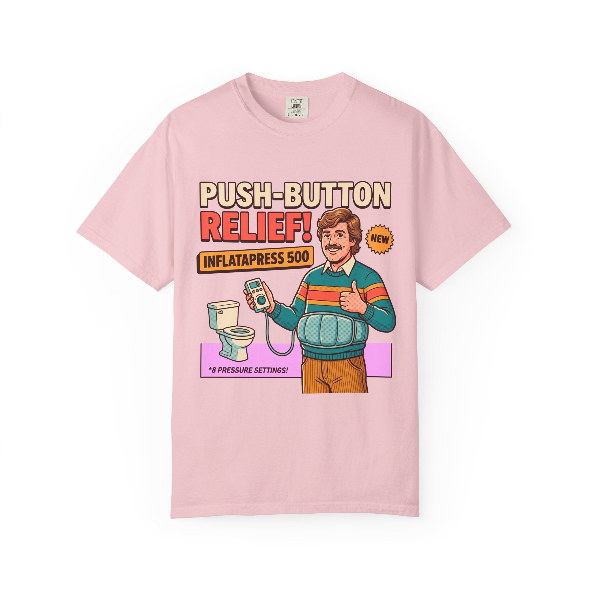 Funny Bathroom T-Shirt, InflataPress 500 Retro Ad Parody Tee, Stupid Invention Humor, Gag Gift for Dad, Weird Meme Shirt