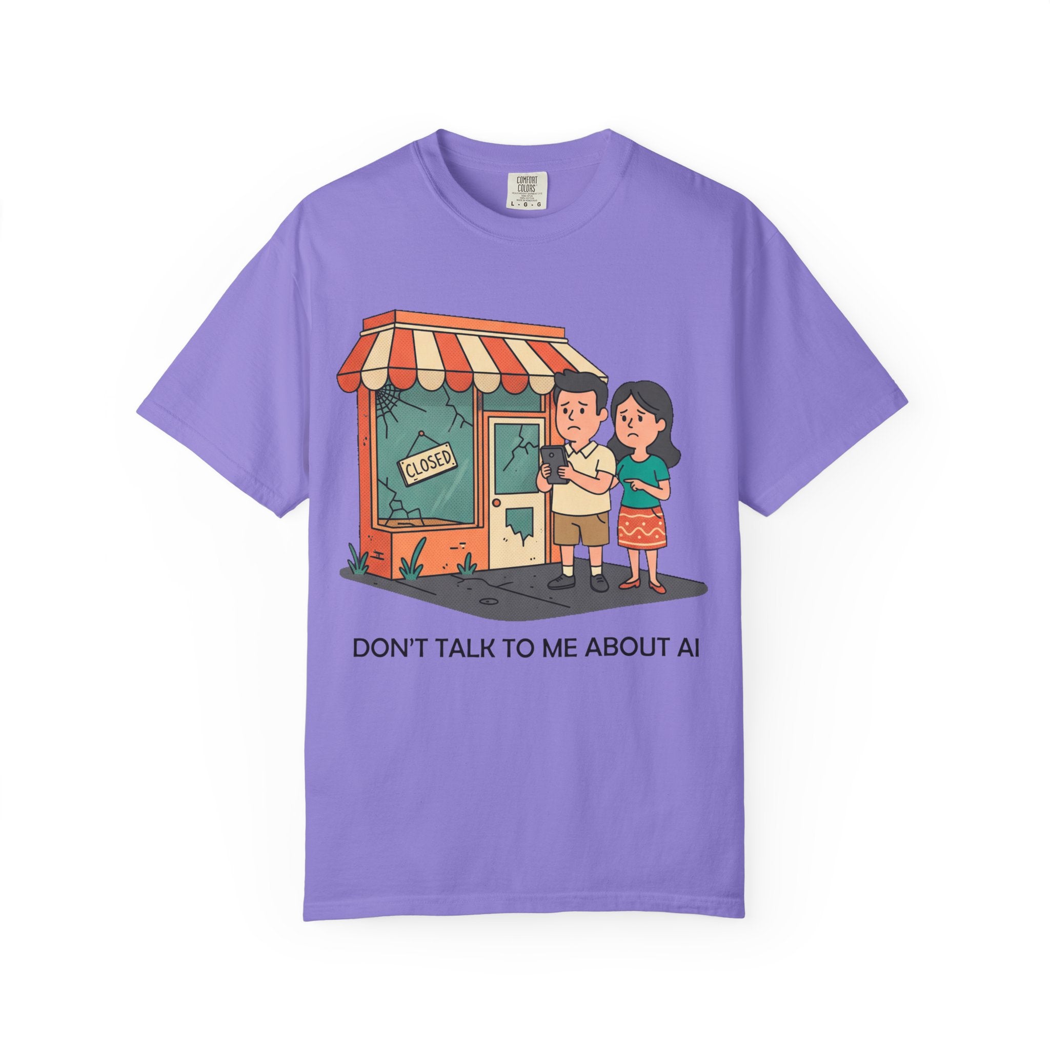 Don't Talk to Me About AI T-shirt | Cartoon Couple by Closed Shop