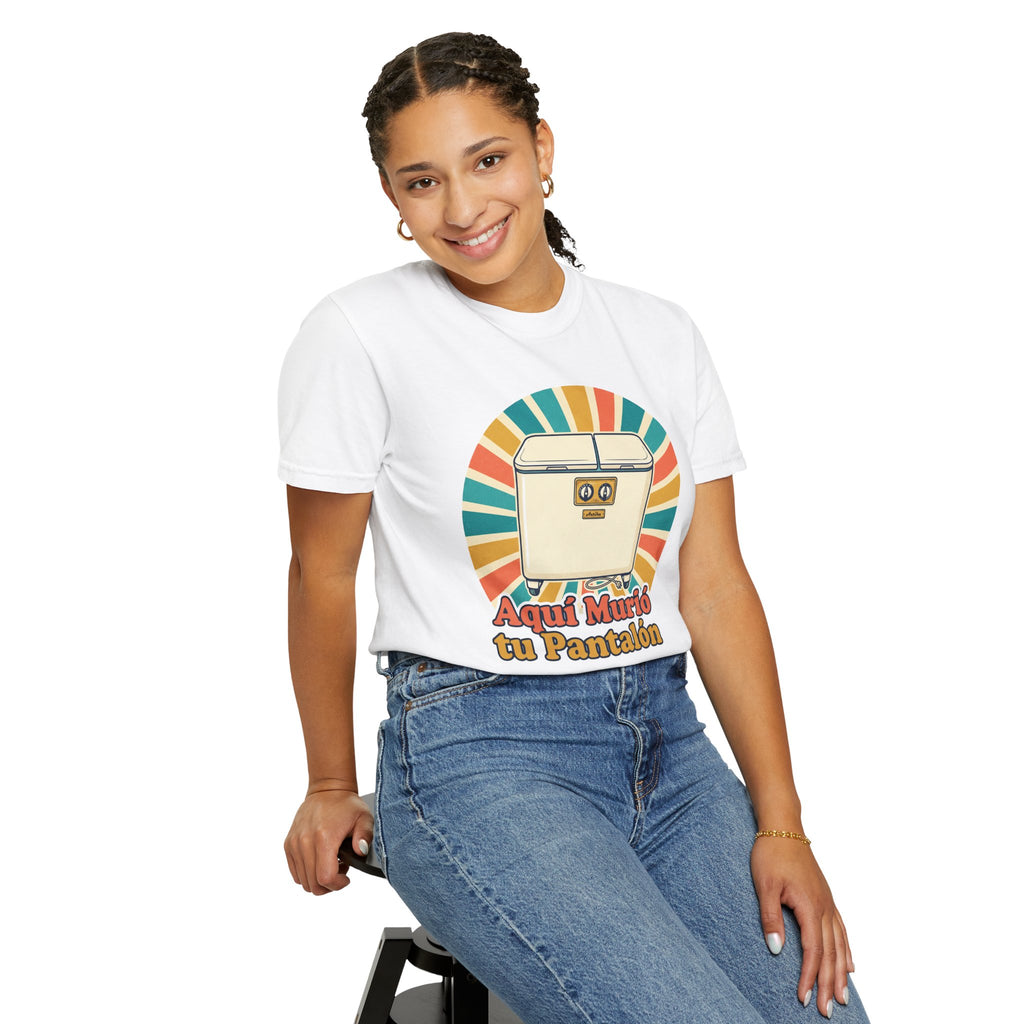Retro Cuban Washing Machine T-Shirt — "Aquí Murió tu Pantalón" Vintage Tech Graphic Tee