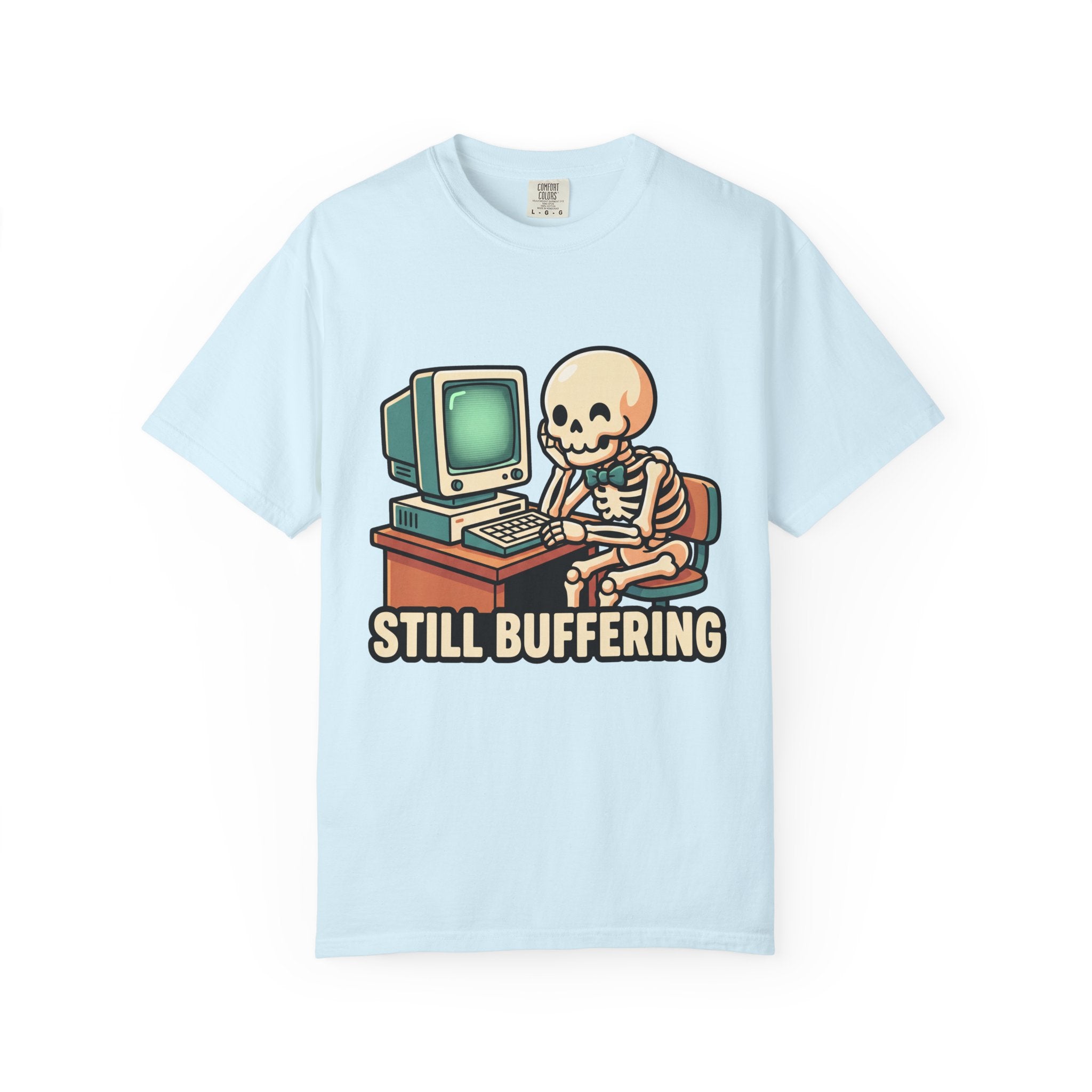Still Buffering skeleton at vintage computer T-shirt | Retro tech humor