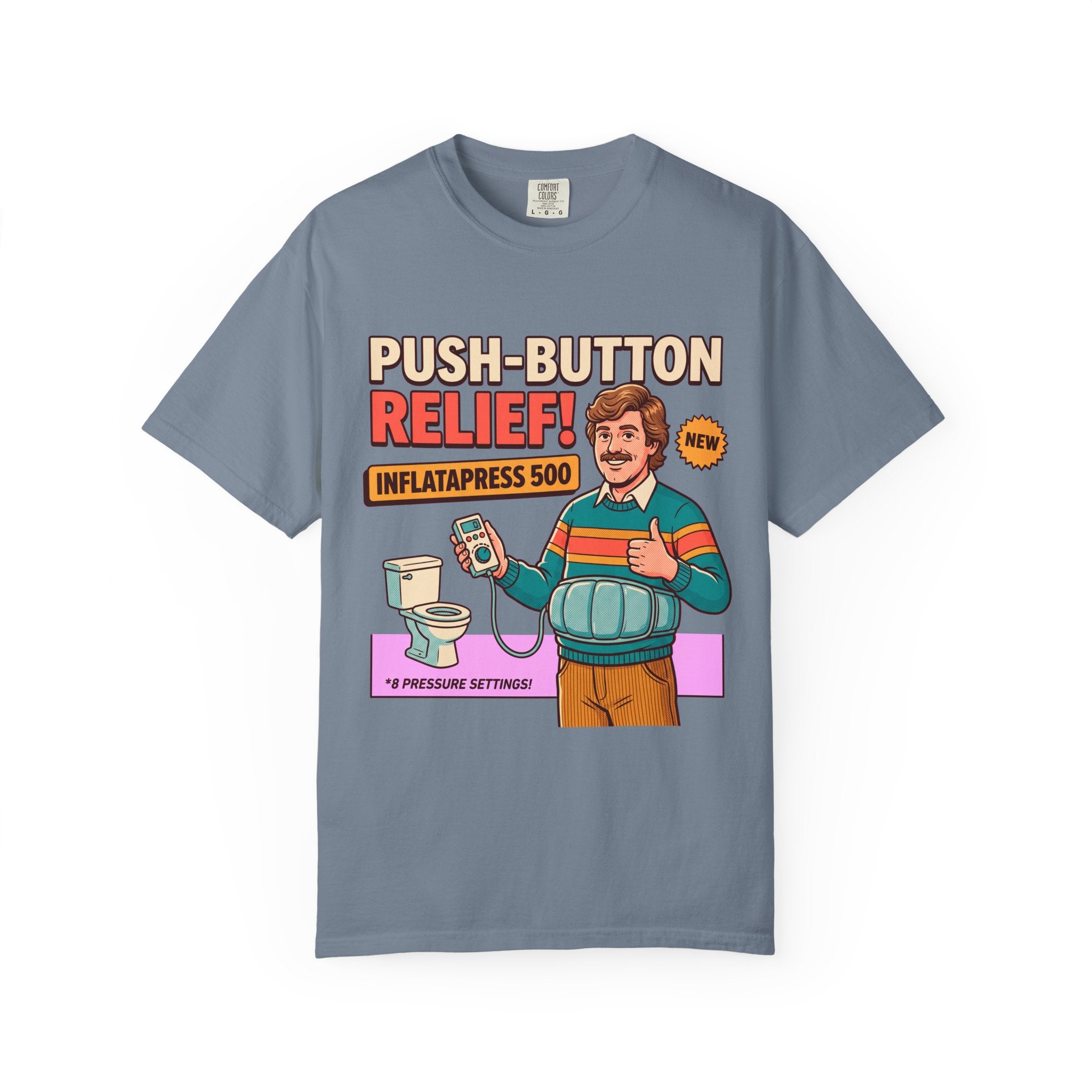 Funny Bathroom T-Shirt, InflataPress 500 Retro Ad Parody Tee, Stupid Invention Humor, Gag Gift for Dad, Weird Meme Shirt