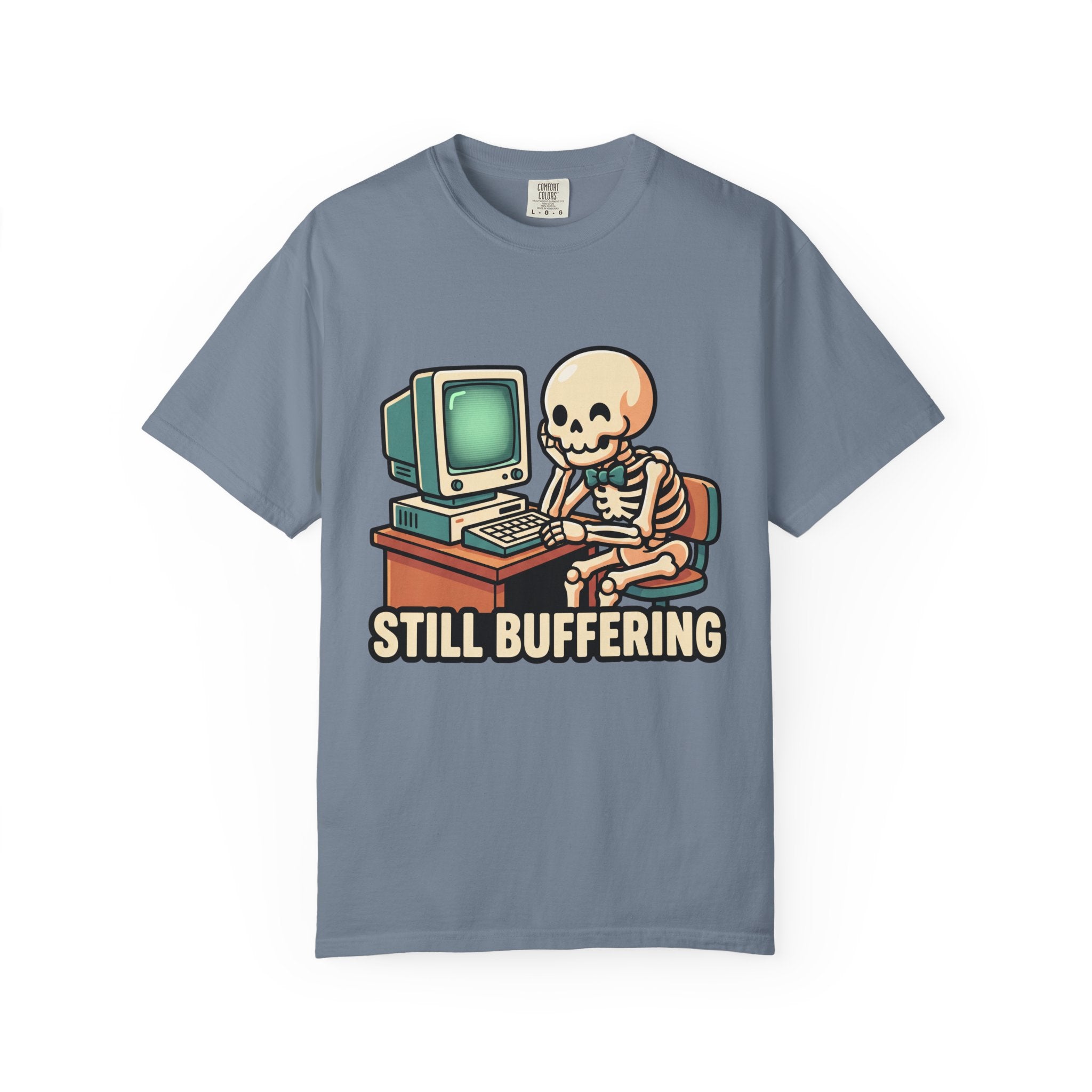 Still Buffering skeleton at vintage computer T-shirt | Retro tech humor